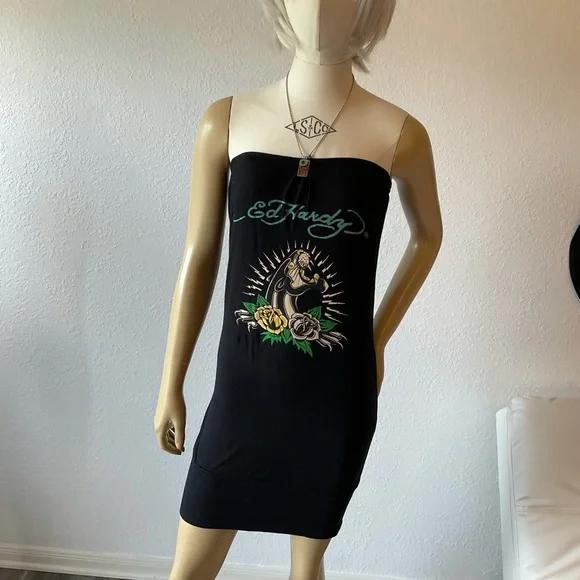 Ed Hardy | Dresses | Nwt Ed Hardy Tiger And Roses Black Tube Mini Dress  Skirt Sz M | Poshmark